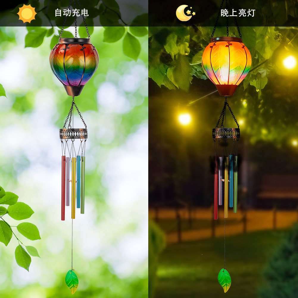 跨境太阳能热气球风铃七彩渐变玻璃灯LED仿真铁艺火焰庭院灯笼