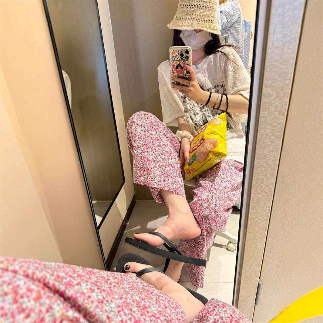 “80支高密棉”松紧腰小碎花九分阔腿裤女