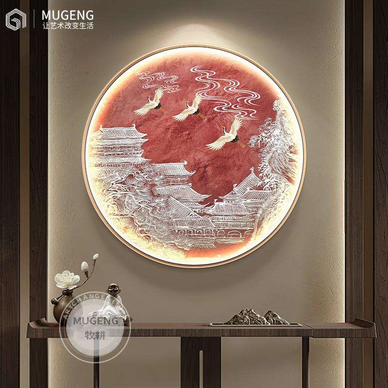 新中式圆形发光挂画 玄关带led灯壁画客厅过道餐厅入户走廊装饰画