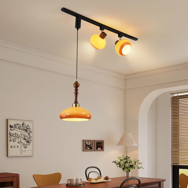 中古风饭厅可移位轨道吊灯覆古法式奶F油风吧台柿子玻璃胡桃色灯