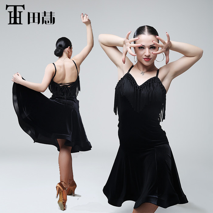 田慧成人女性感吊带编织拉丁舞服大裙摆流苏黑色百搭 TH-0186