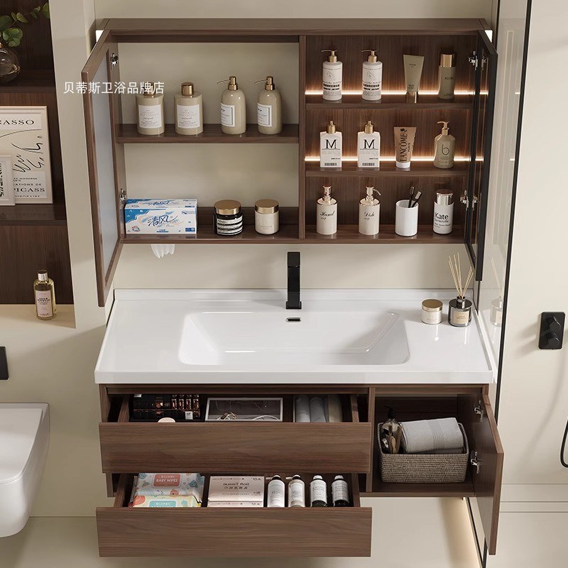 黑胡桃木色浴室柜组合极简轻奢卫生间H洗漱台陶瓷一体洗手盆洗脸
