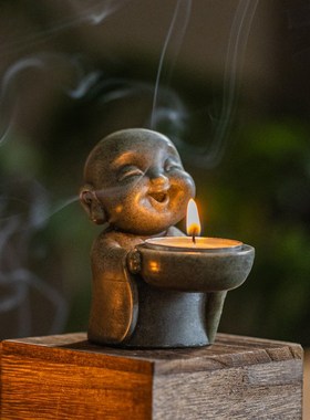 复古小和尚烛台摆件茶桌面装饰茶室D茶台蜡烛摆放底座塔香底托盘