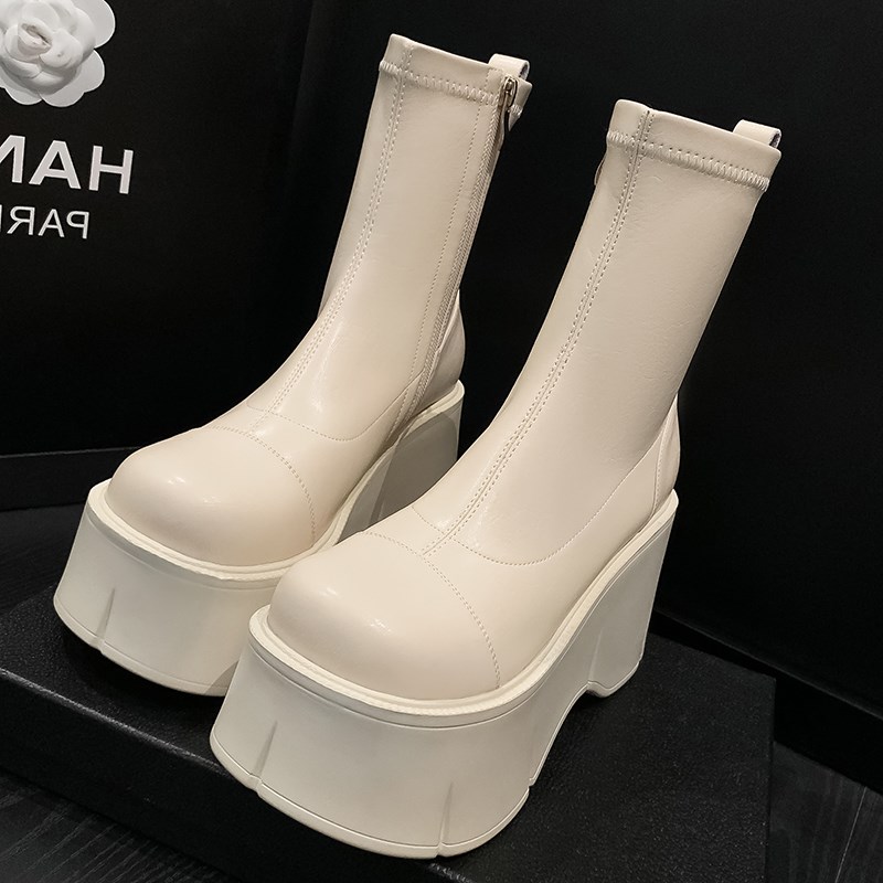 2023新款坡跟女鞋松糕跟靴子厚底短筒马丁靴拉链机车靴增高短靴潮