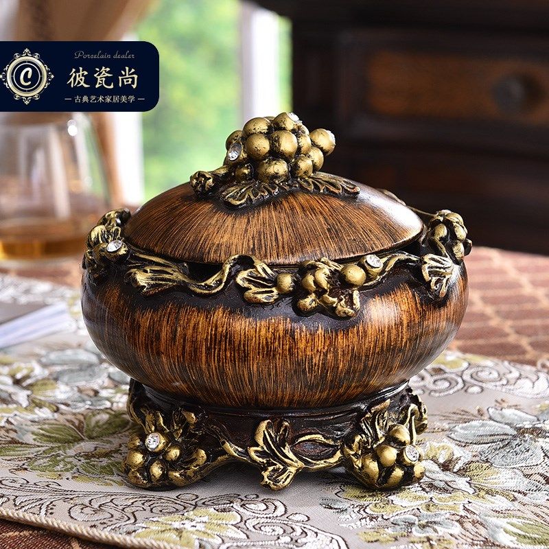 欧式带盖烟灰缸美式复古奢华圆形装饰品新中式客厅办公室茶几摆件