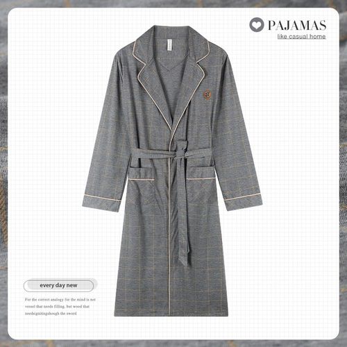 中年爸爸睡衣男款浴袍春秋款秋季纯棉长袖家居服中长款加大码睡袍