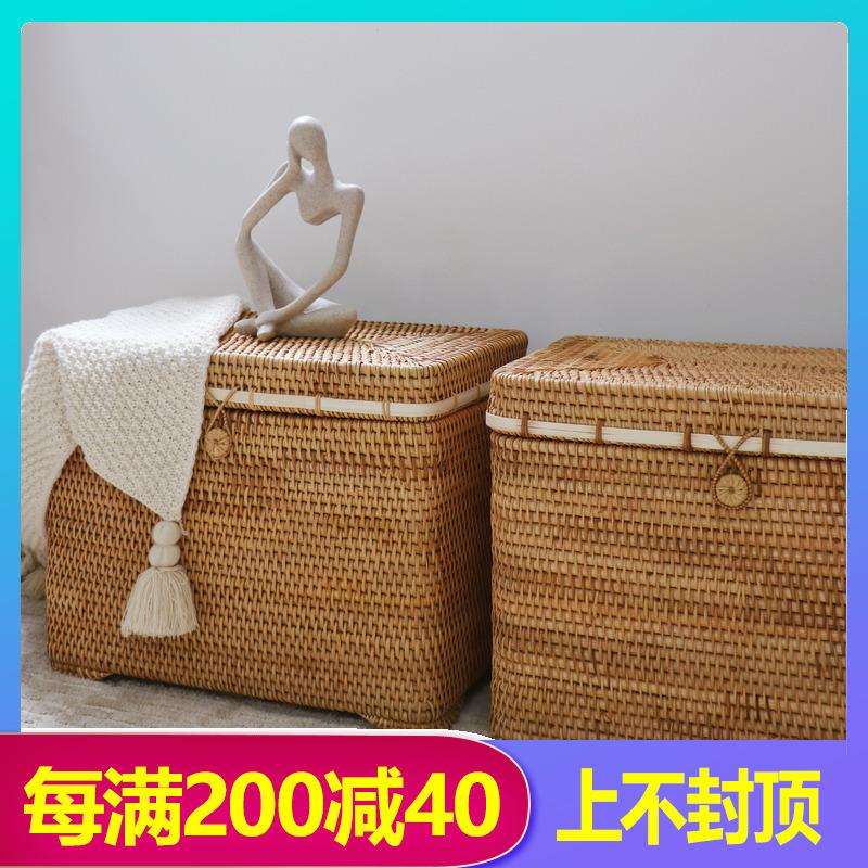手工藤编中古收纳箱家用翻盖北欧复古收纳筐子大号田园草编垒德株
