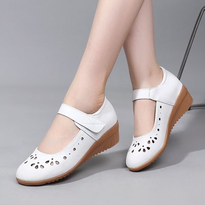 真皮春夏平底镂空凉鞋软底舒适护士鞋单鞋坡跟不累脚妈妈鞋舞蹈鞋