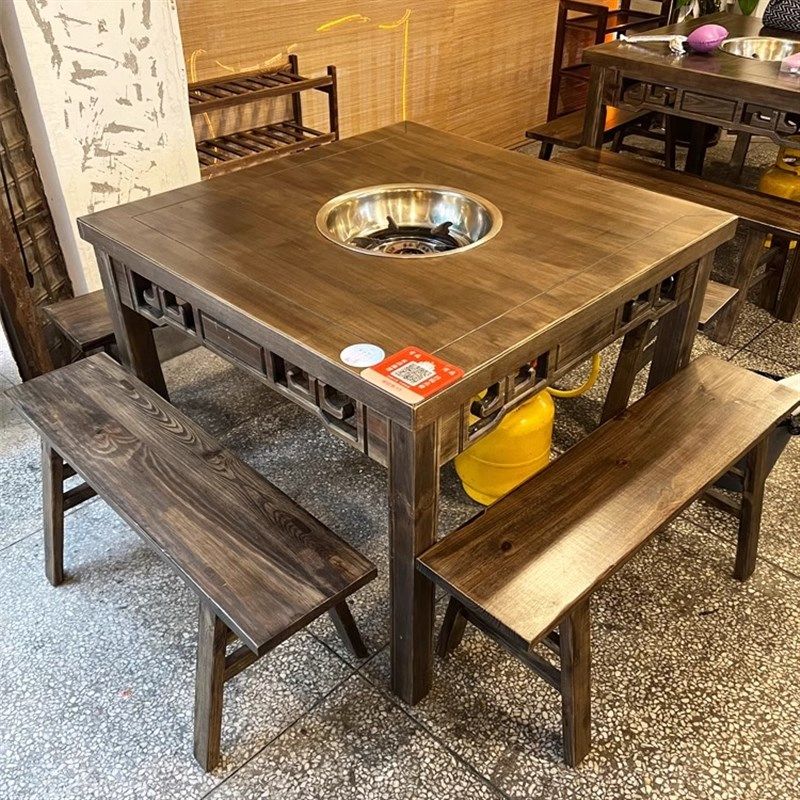 实木大理石火锅桌子电磁炉煤气一体商用火锅店重庆老火锅桌椅组合