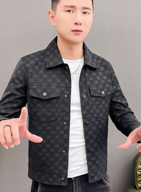 皮衣男士2023爆款修身印花潮流机车服秋冬翻领皮夹克男生帅气外套