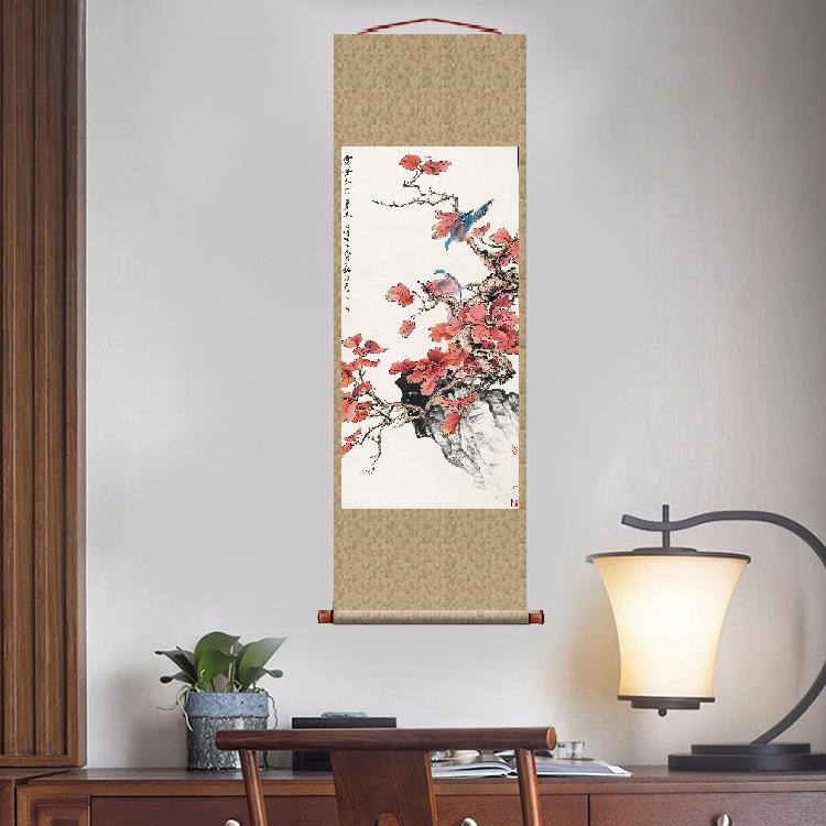 田世光霜叶红于二月花挂轴卷轴花鸟画名画复制品中式书房玄关挂画