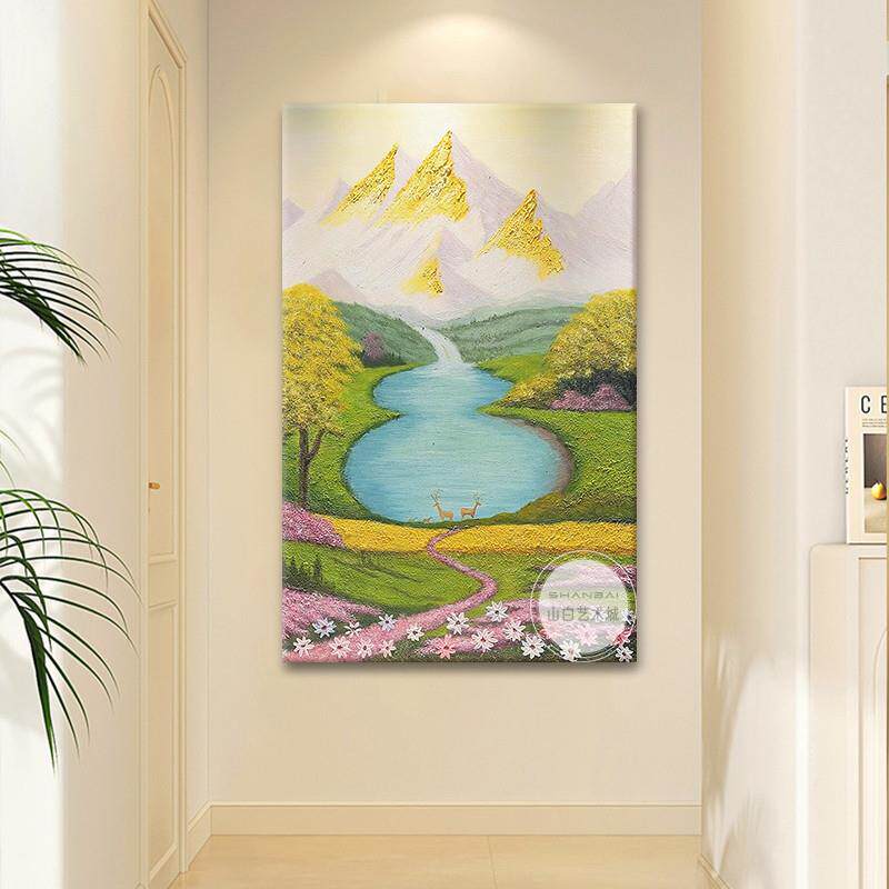 新中式日照金山肌理手绘油画风水聚财图客厅装饰画正对门玄关挂画