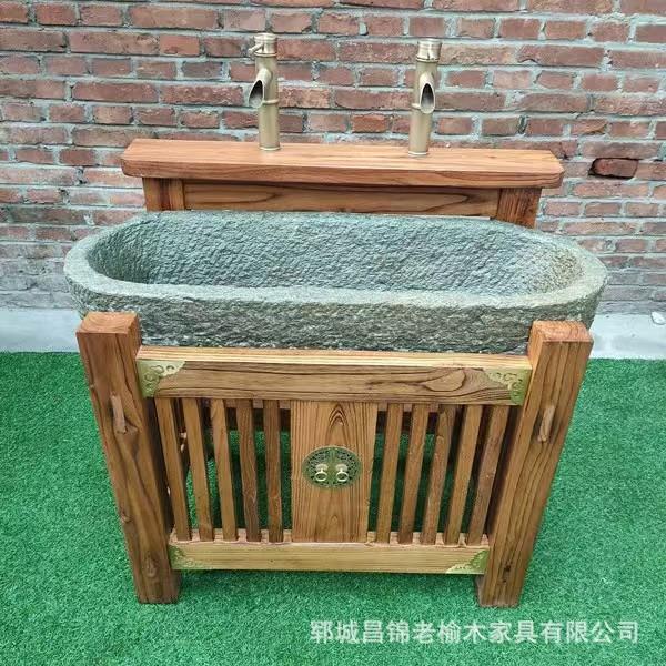 家用老榆木浴室柜组合实木小户型卫生间落地式户外洗手台盆收纳柜