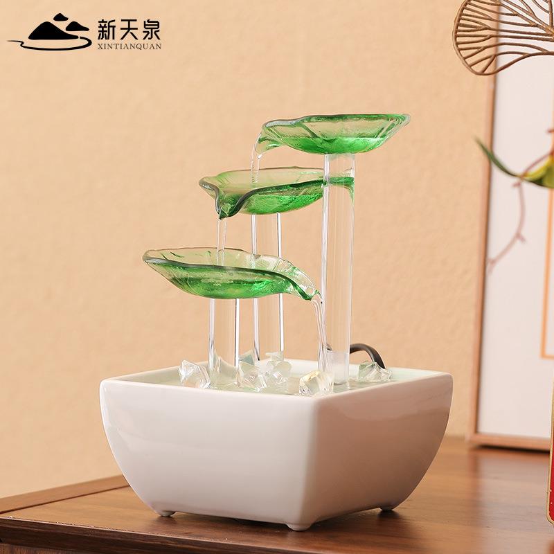 玻璃荷叶流水生财摆件现代家居水循环招财装饰电视柜玄关喷泉小型