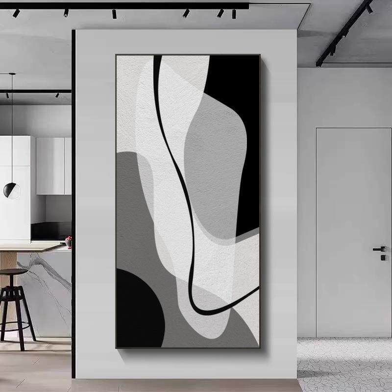 现代简约客厅挂画黑白抽象玄关装饰画肌理高级感铝合金框壁画