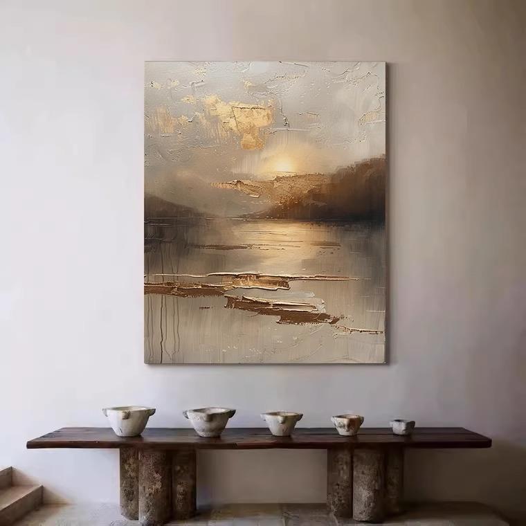 中古风手绘油画夕阳抽象客厅沙发背景肌理装饰画玄关走廊挂画小众