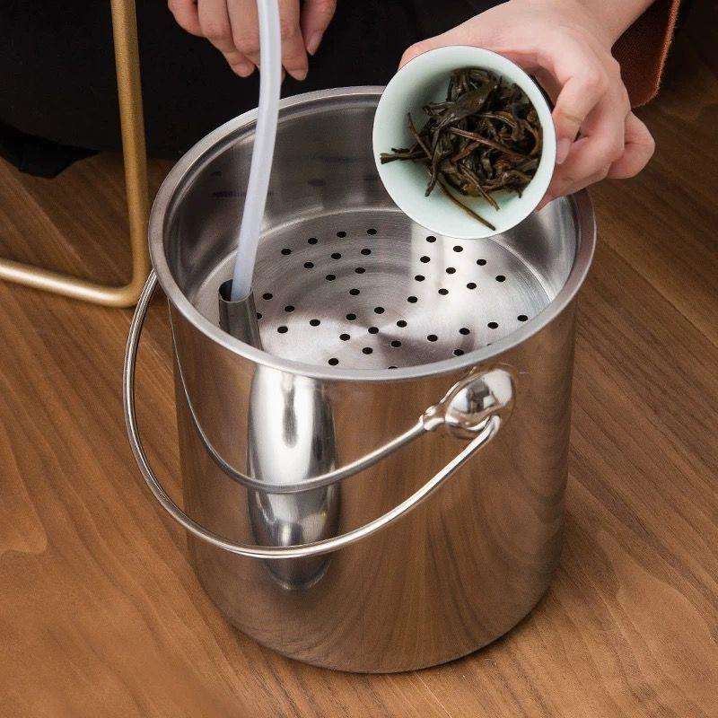 不锈钢茶水桶茶渣桶干湿分离带盖茶具茶盘排水配件废大垃圾桶