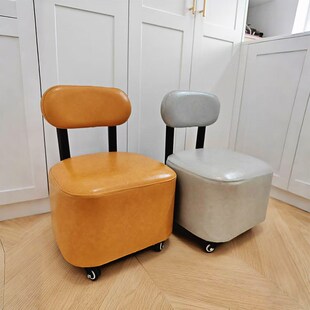 小板凳带轮子移动旋转换鞋矮凳靠背小椅子万向轮沙发凳实木溜溜椅