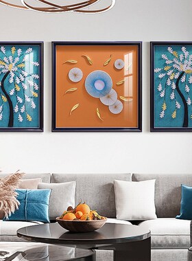 客厅沙发背景墙橙色装饰画三联抽象立体实物画现代轻奢发财树挂画