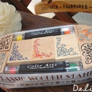 韩国热卖 彩色角花卉印章套A1 印台笔古典木质印章