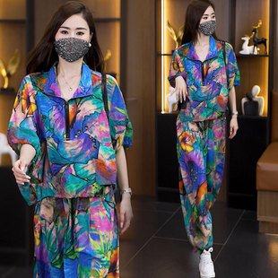 大码女装胖mm高级感洋气时尚套装夏季新款印花遮肉上衣裤子两件套