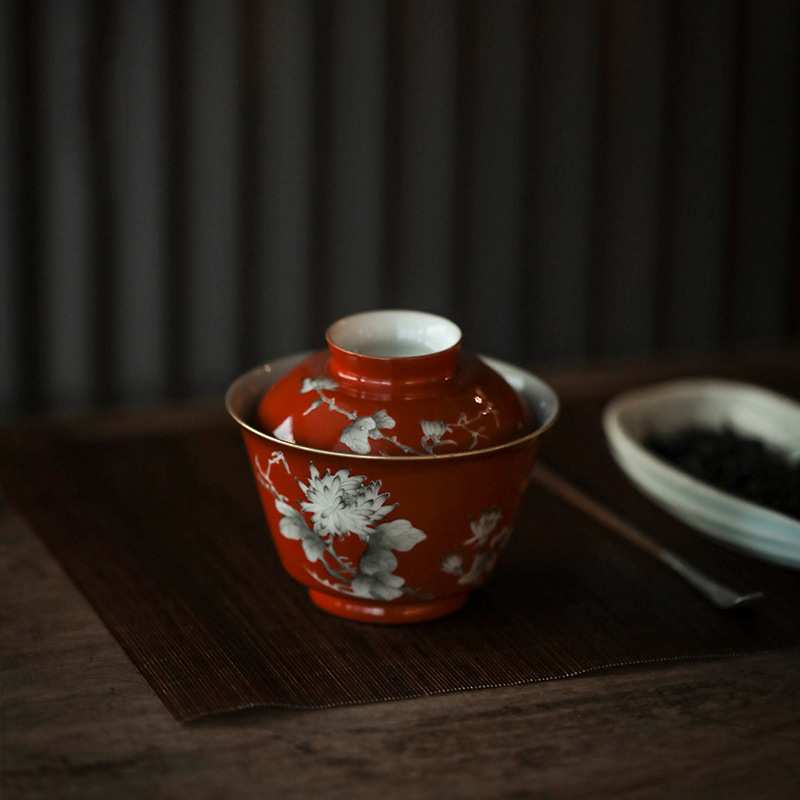 赋山堂 绛红墨彩菊花盖碗 手绘陶瓷盖碗单个泡茶器茶碗一件代发