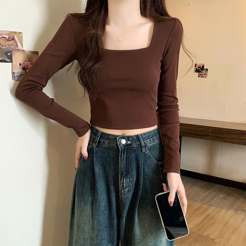 咖色方领短款长袖t恤女2024新款春秋季款纯棉高腰露脐打底衫上衣