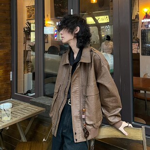 休闲外套翻领款 中古做旧感机车流行夹克秋季 复古皮衣 以休眠