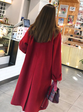 红色毛呢外套女呢子大衣女长款冬本命年大衣女加厚结婚胖mm双排扣