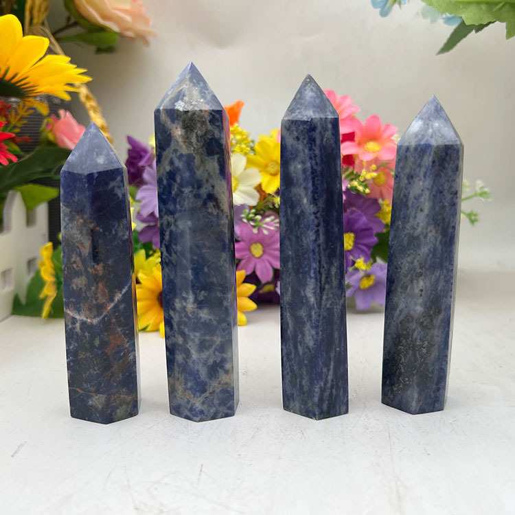厂家 天然水晶蓝纹石六角棱柱水晶柱原石打磨单尖柱现货