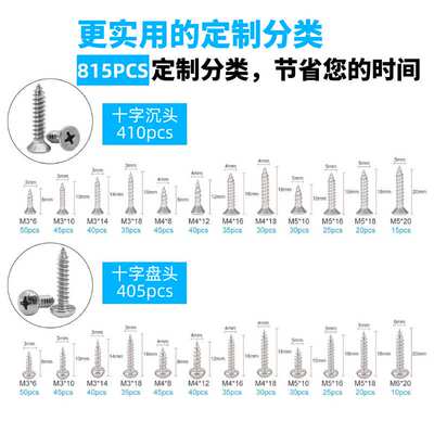跨境815pcs304不锈钢十字槽自攻螺钉组合盒装
