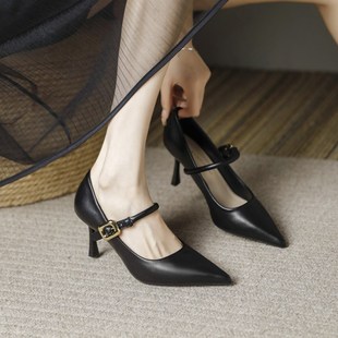 面试职业单鞋 浅口正装 女春秋新款 真皮黑色细跟尖头一字带高跟鞋