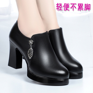 真皮女鞋 旗袍走秀鞋 妈妈深口单鞋 不累脚厚底中年女士皮鞋 女高跟鞋