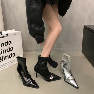 轻奢风高级感瘦瘦裸靴黑色细跟高跟靴短筒靴尖头短靴2024年春秋女