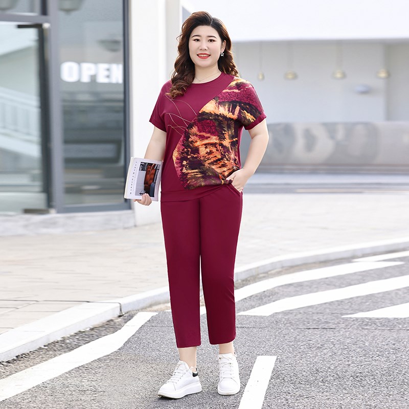 Q胖妈妈夏季休闲运动套装女时尚t恤气质显瘦加大码跑步裤子两件套
