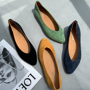 软底百搭V口复古真皮奶奶鞋 2023春季 磨砂皮尖头浅口平底单鞋 新款