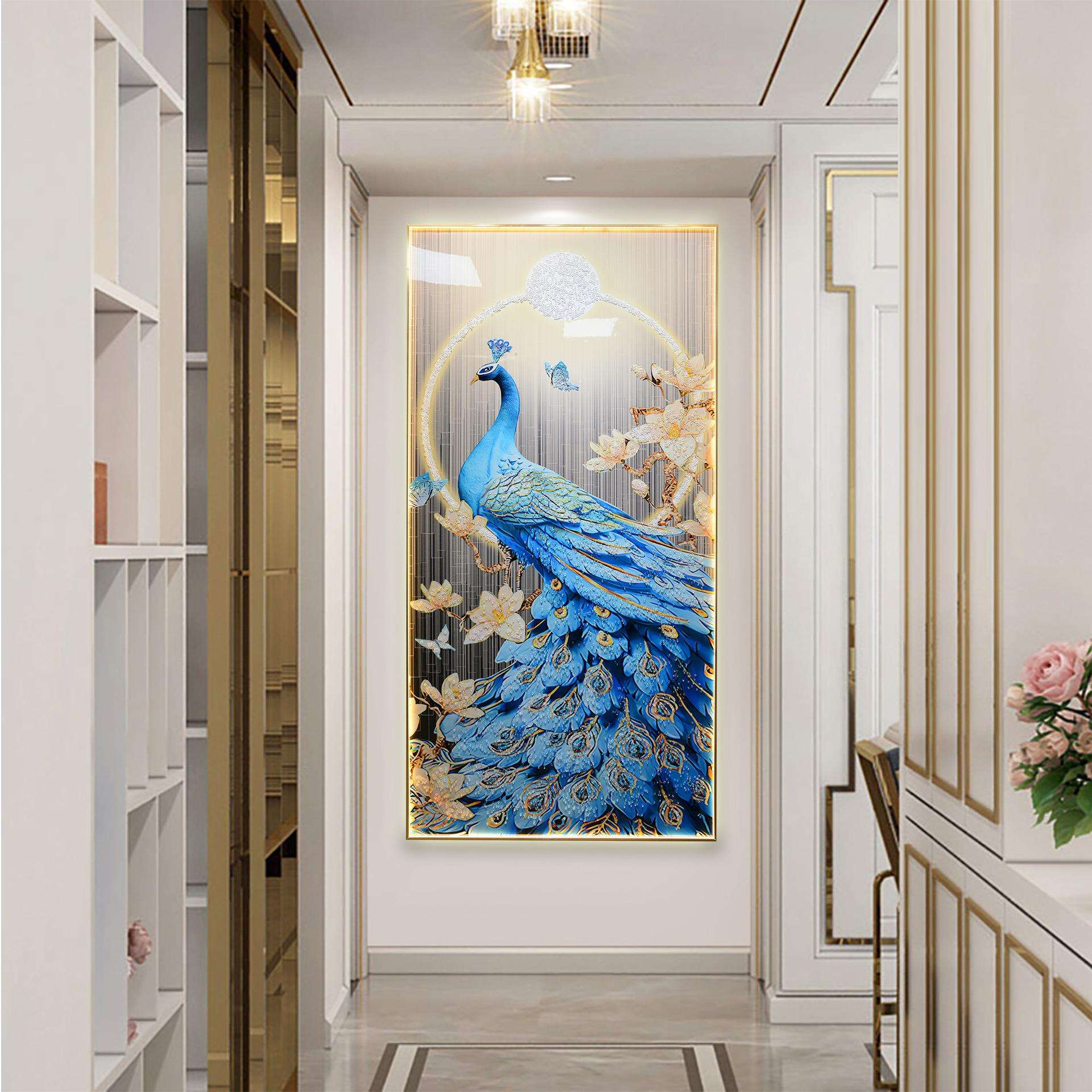 现代轻奢玄关LED灯带装饰画孔雀呈祥好寓意走廊过道壁画入户挂画图片