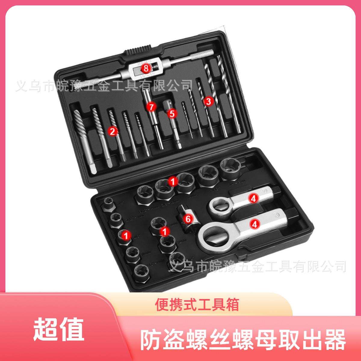 新BBA防盗螺丝螺母取出器破损滑牙螺栓帽拆卸反螺纹设计工具组套