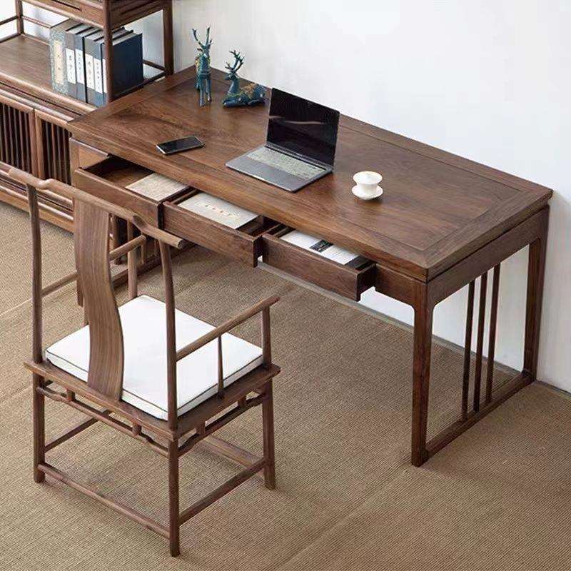 新中式办公桌明式老板桌老榆木书桌带抽屉书法桌文人胡桃木色书桌