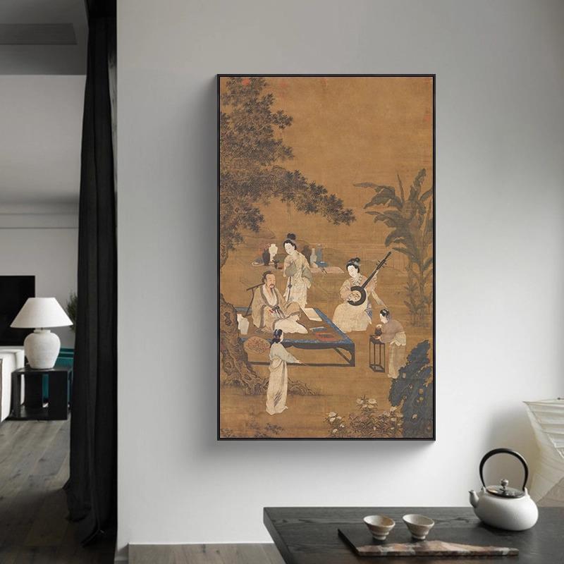 李嵩听阮图新中式茶室装饰画中古风玄关壁画竖版宋代美学客厅挂画