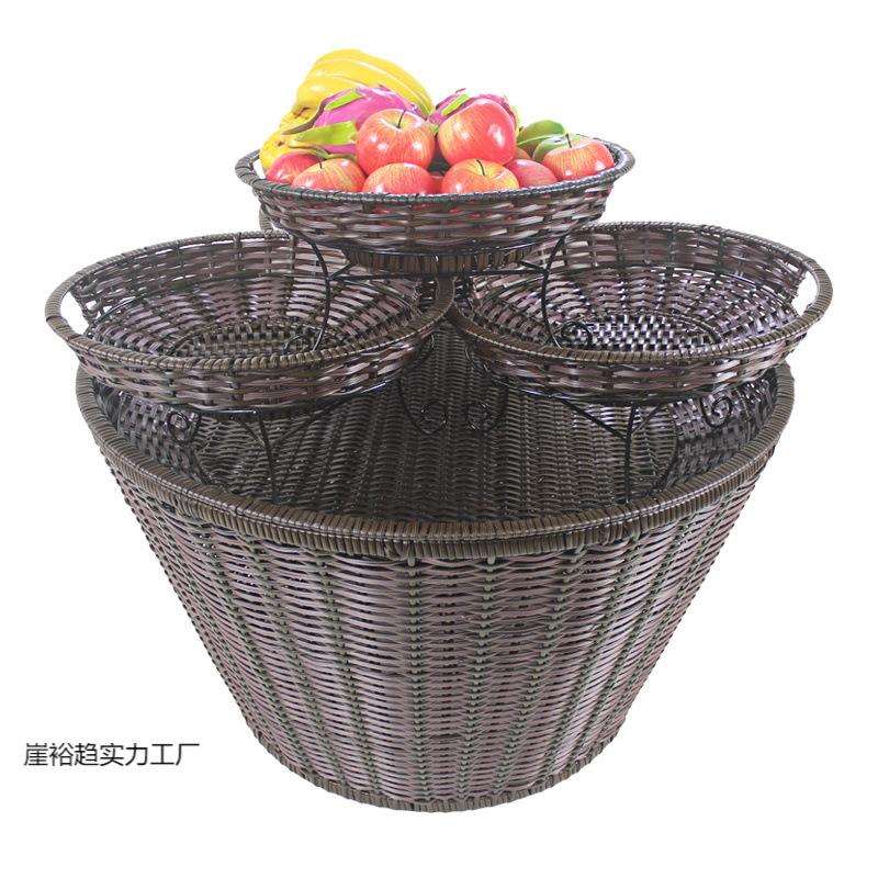 超市水果堆头篮藤编蔬菜筐水果陈列篮塑料展示托盘圆形堆头筐地堆