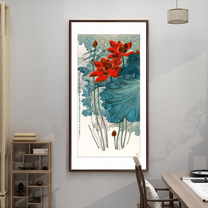 张大千金线荷花玄关装饰画走廊过道壁画竖版花鸟画新中式客厅挂画