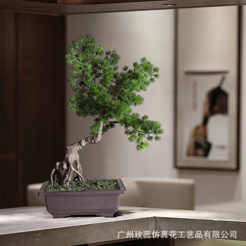 新款中式仿真罗汉松盆栽 客厅茶几桌面摆放仿真绿植盆栽迎客松