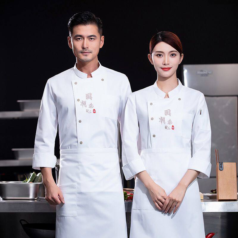 国潮风黑色厨师工作服套装男长袖春秋食堂饭店厨房工衣女