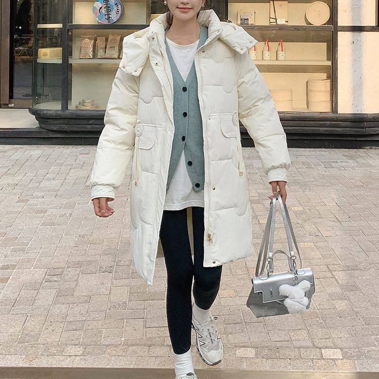 韩版宽松中长款羽绒服鸭绒女大保暖适合中青年上班×通勤*黑色