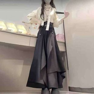 新款秋季一整套韩系学院风设计不规则裙裤+腰封+杏色上衣女生拼接