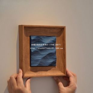 木雕海浪立体挂画木雕小摆件电视柜摆件正方形卧室桌面装饰画手工