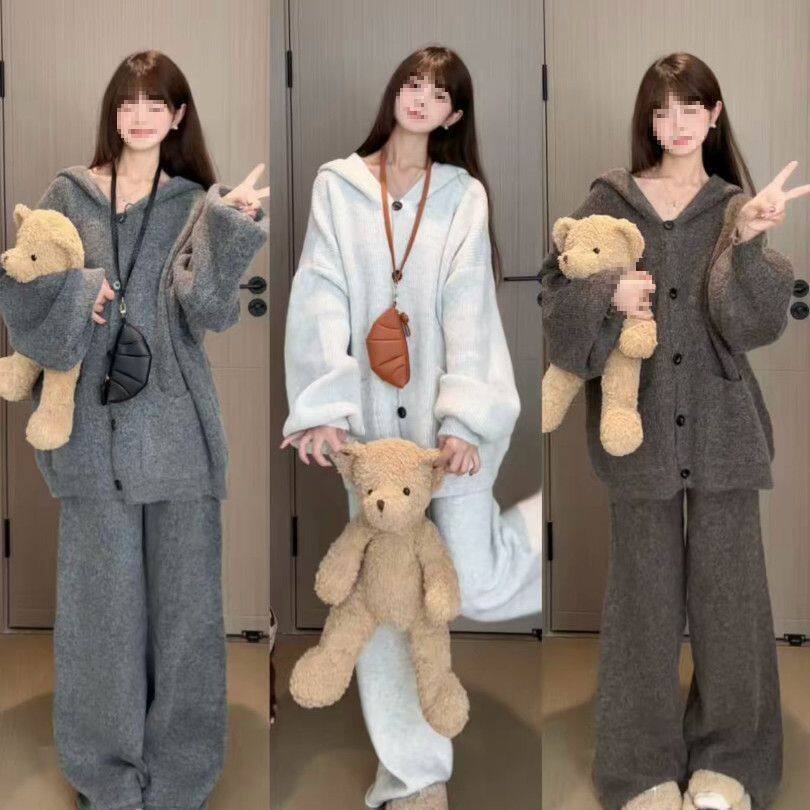濮院毛衫厂 秋冬新款复古慵懒宽松连帽新款简约休闲两件套女纯色
