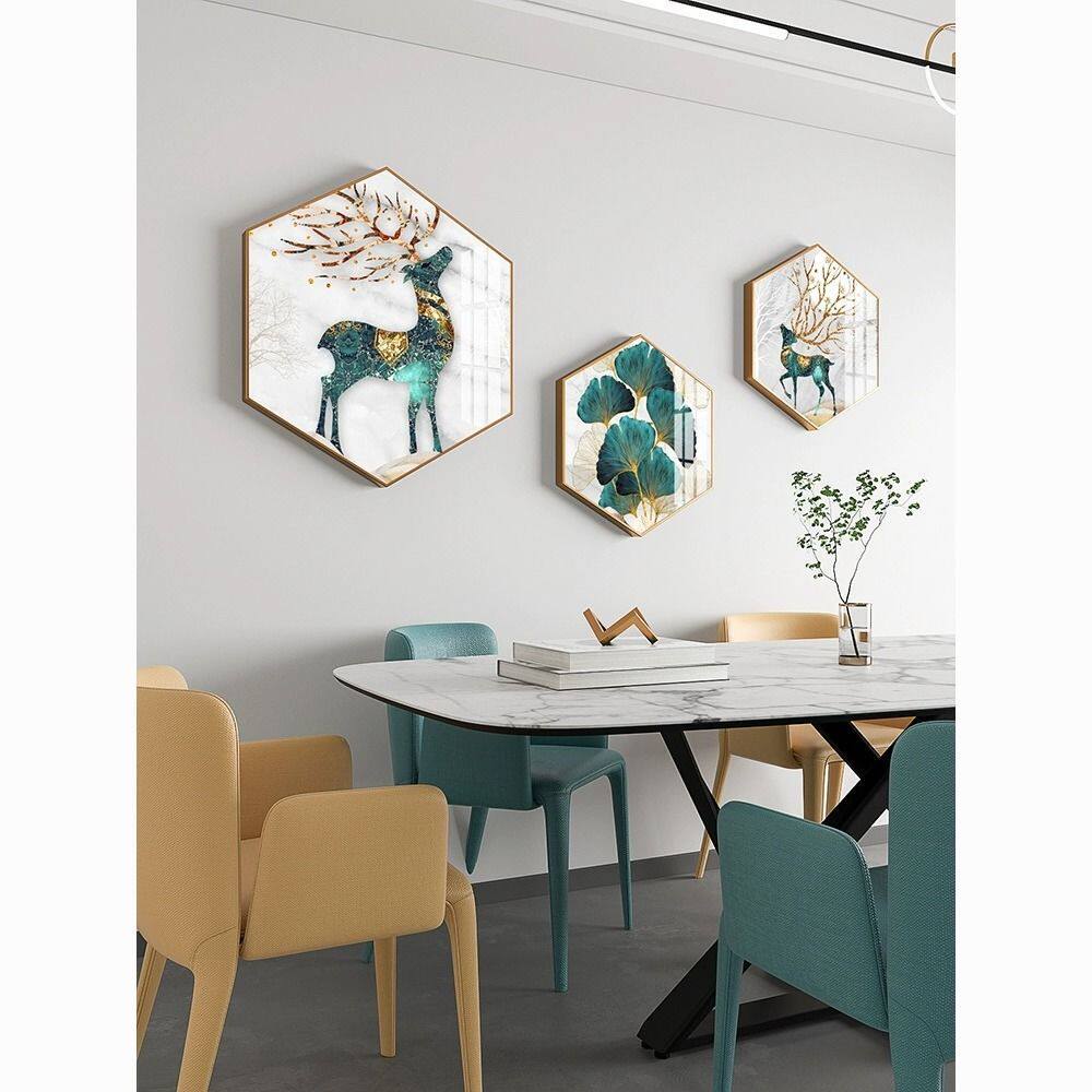 轻奢餐厅装饰画现代简约高级感高档餐桌背景墙壁画花卉六边形挂画