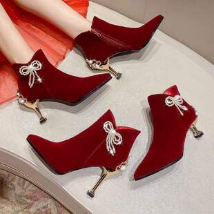冬季婚鞋女细跟秀禾服婚纱两穿结婚新娘鞋靴子红色高跟不累脚冬天